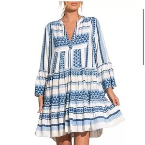 NWT ELAN Tiered A line Blue White Blue Patterned Women's Dress Size Small